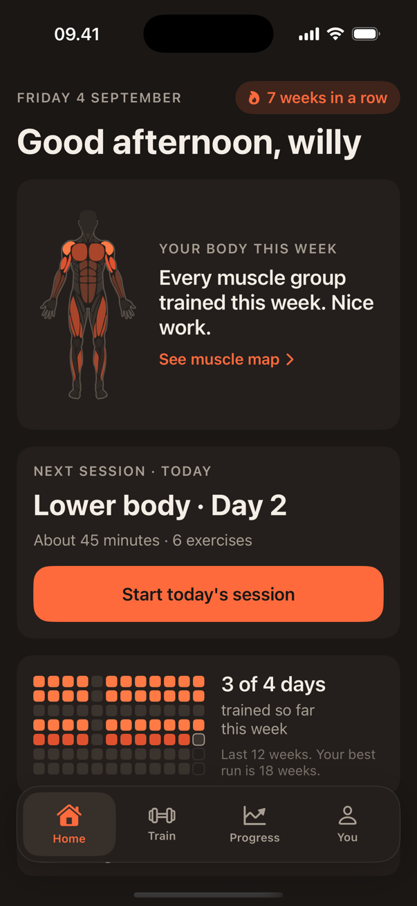 Lift home screen: a muscle figure with this week's trained muscles highlighted, a seven-week streak, and a Start today's session button
