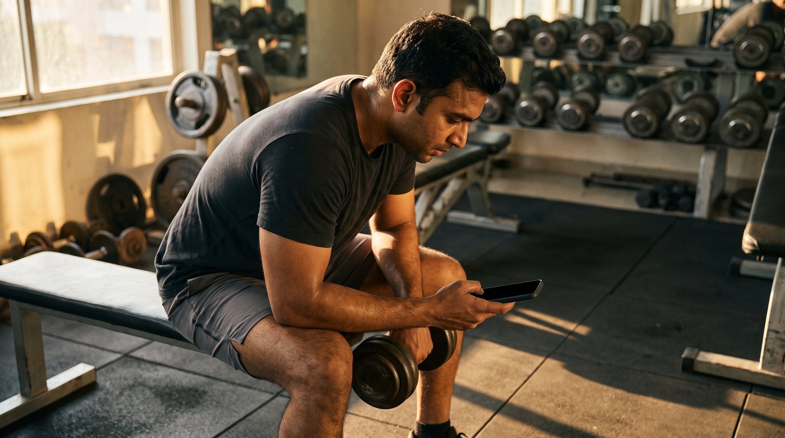 A man on a gym bench between sets, glancing at his phone