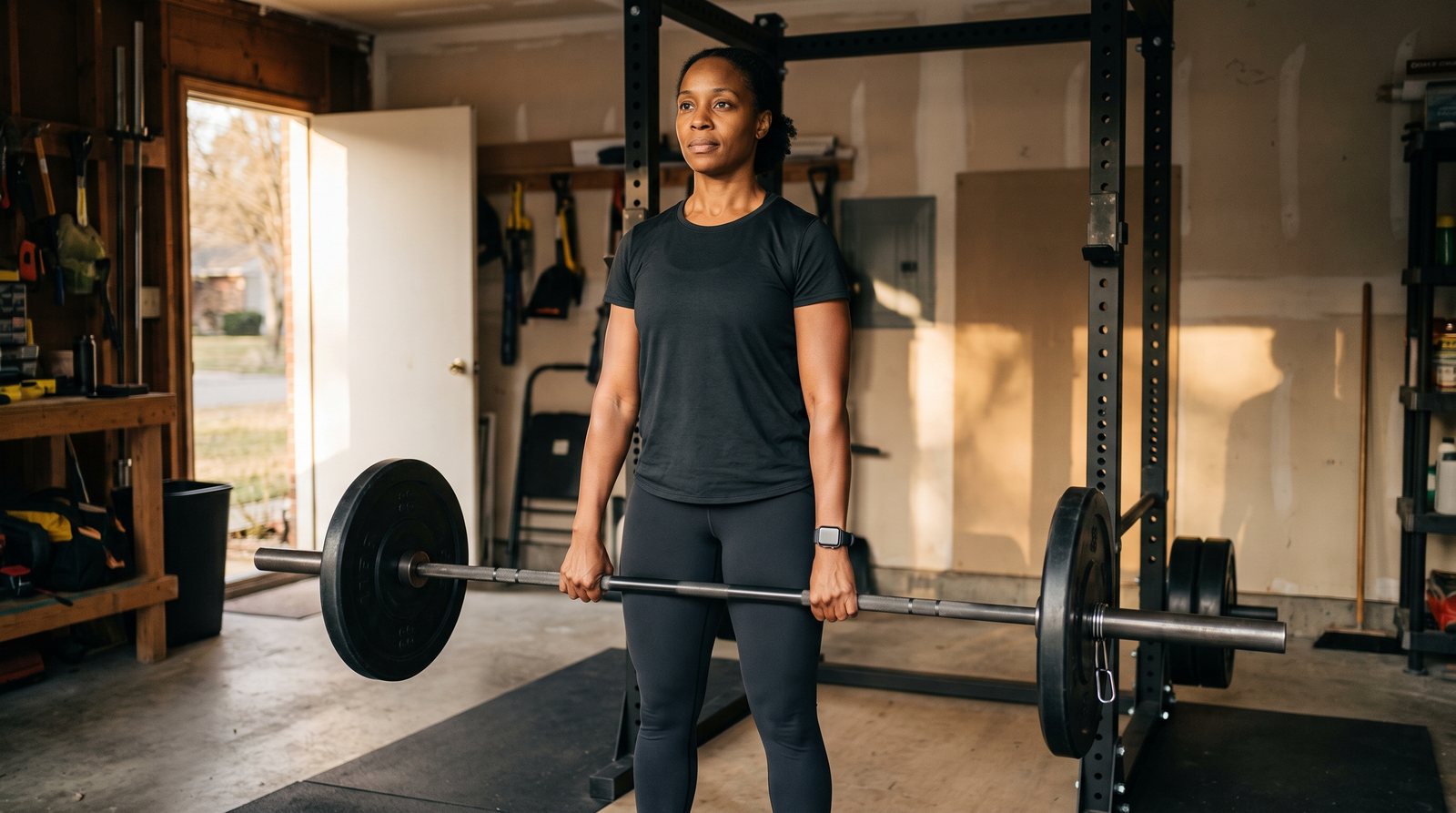 A woman finishing a deadlift in a garage gym, wearing a smartwatch