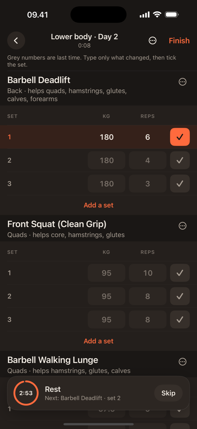Lift live session with the rest timer counting down after a ticked set