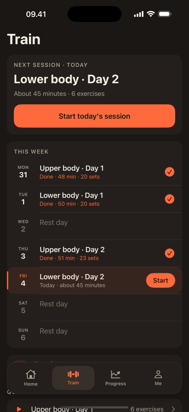 Lift Train tab showing an Upper/Lower plan and the exercises for the day